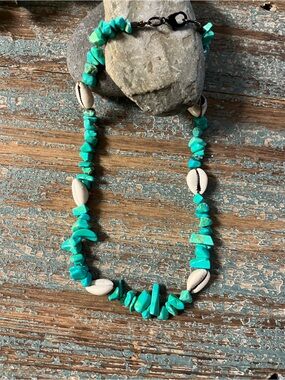 Turquoise chips and Cowrie Shell Beaded Necklace , fun for beach